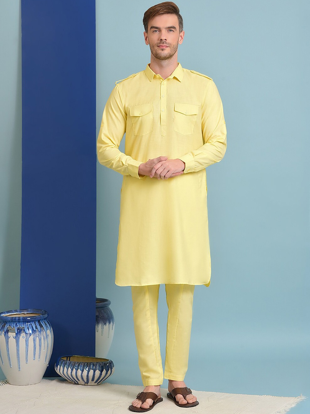 

Hangup Men Shirt Collar Pakistani Style Kurta With Pyjamas, Yellow