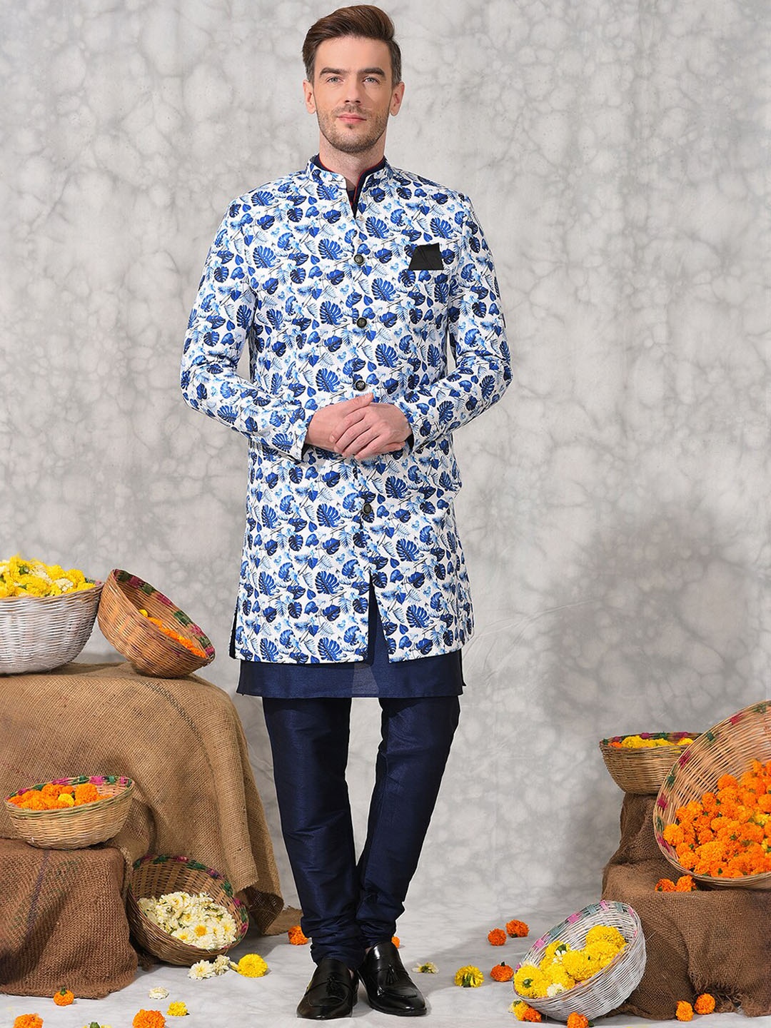 

Hangup Men Printed Sherwani Set, Navy blue