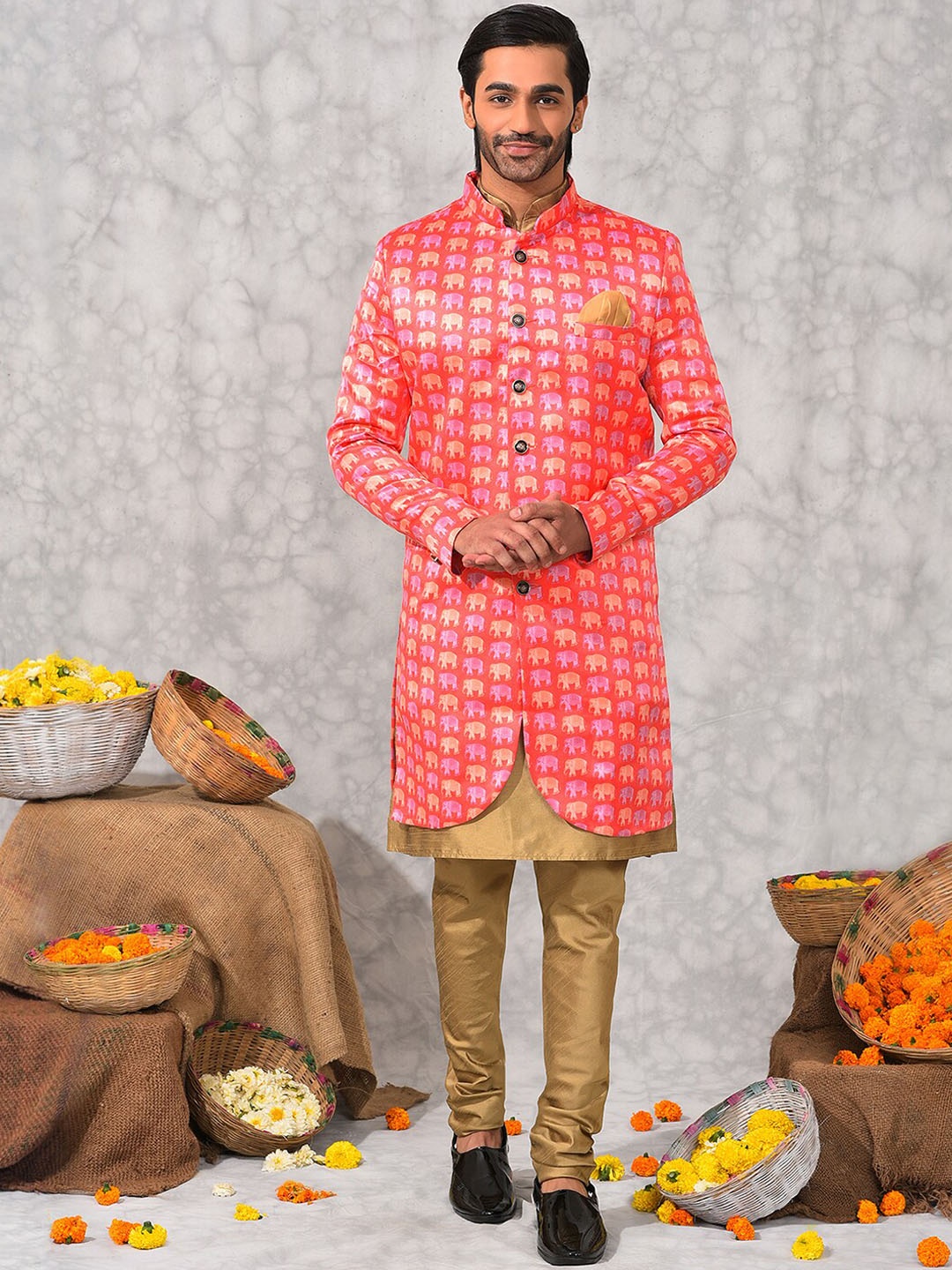

Hangup Men Ethnic Motifs Printed Sherwani Set, Pink