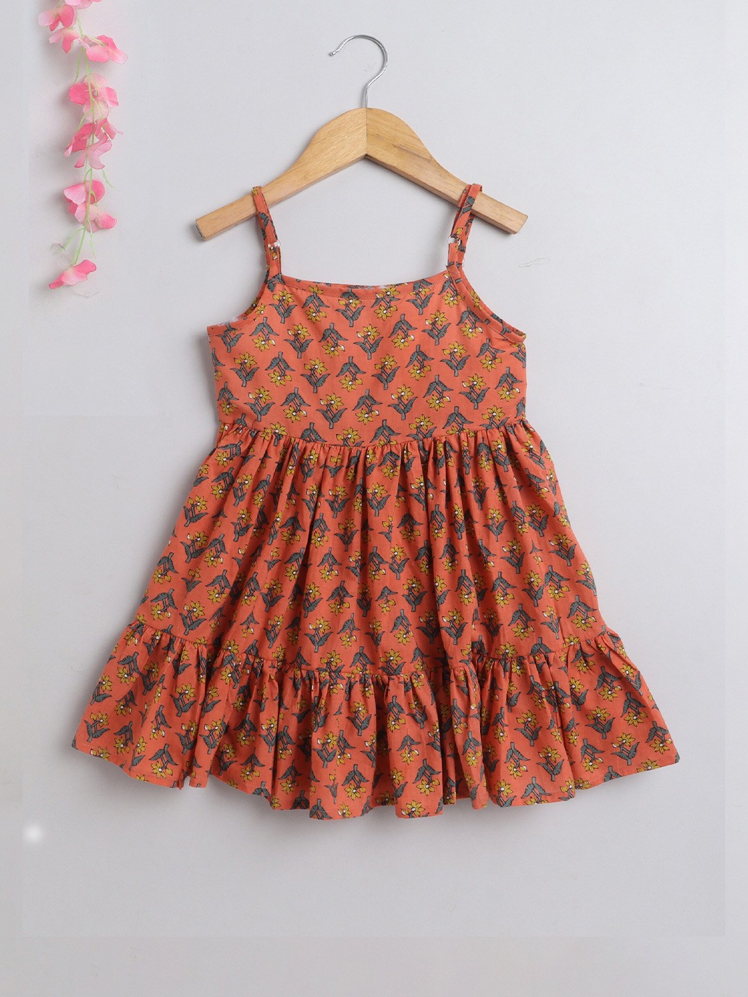 

The Magic Wand Girls Floral Printed Tiered Detail Cotton Fit & Flare Dress, Orange