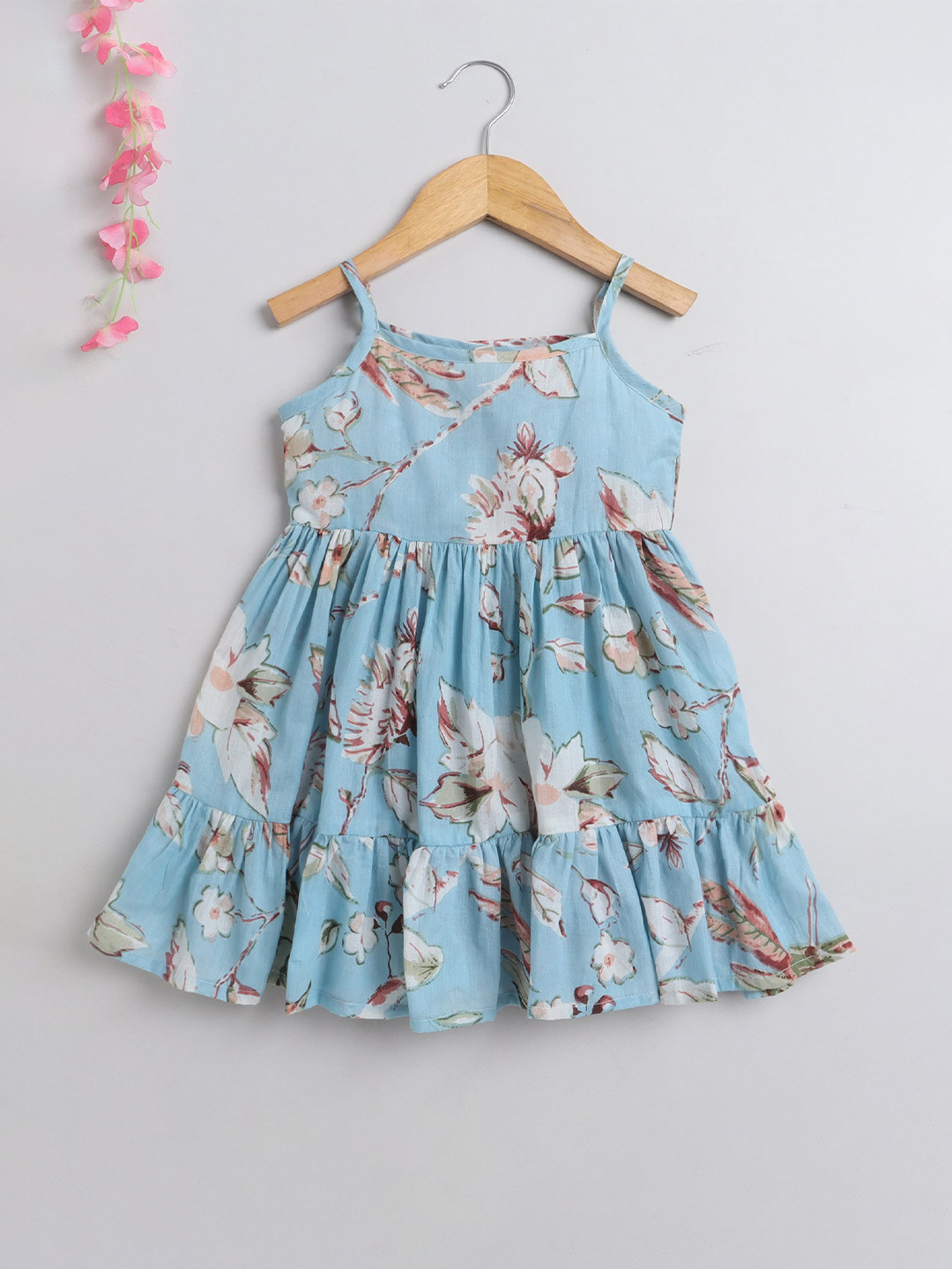 

The Magic Wand Girls Cotton Floral Printed Tiered Fit & Flare Dress, Blue