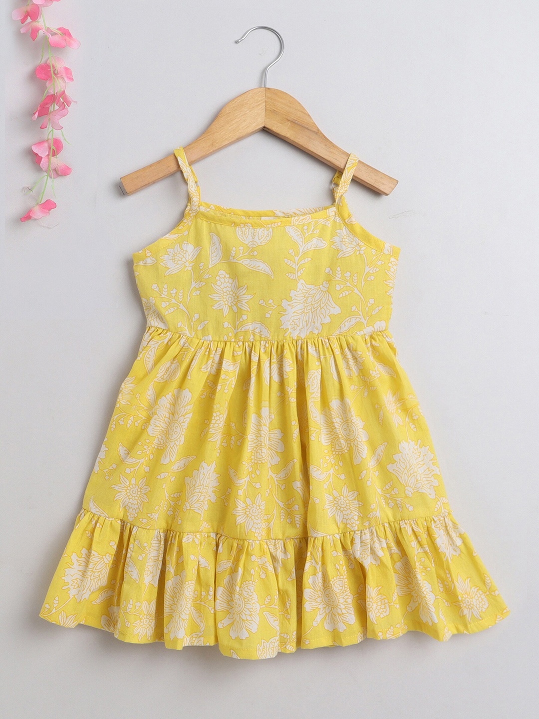 

The Magic Wand Girls Floral Printed Tiered Detail Cotton Fit & Flare Dress, Yellow