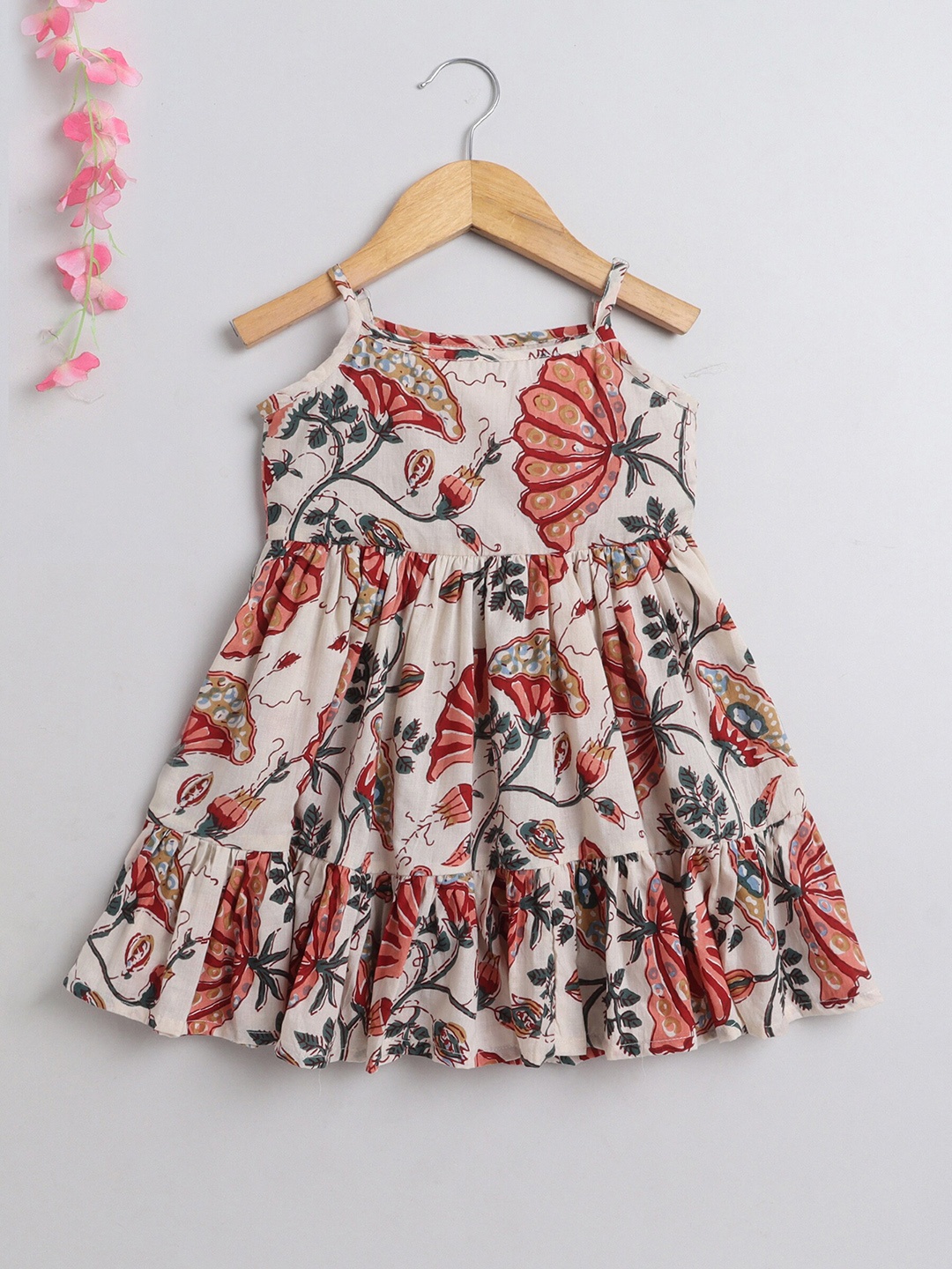 

The Magic Wand Girls Floral Printed Tiered Detail Cotton Fit & Flare Dress, Off white