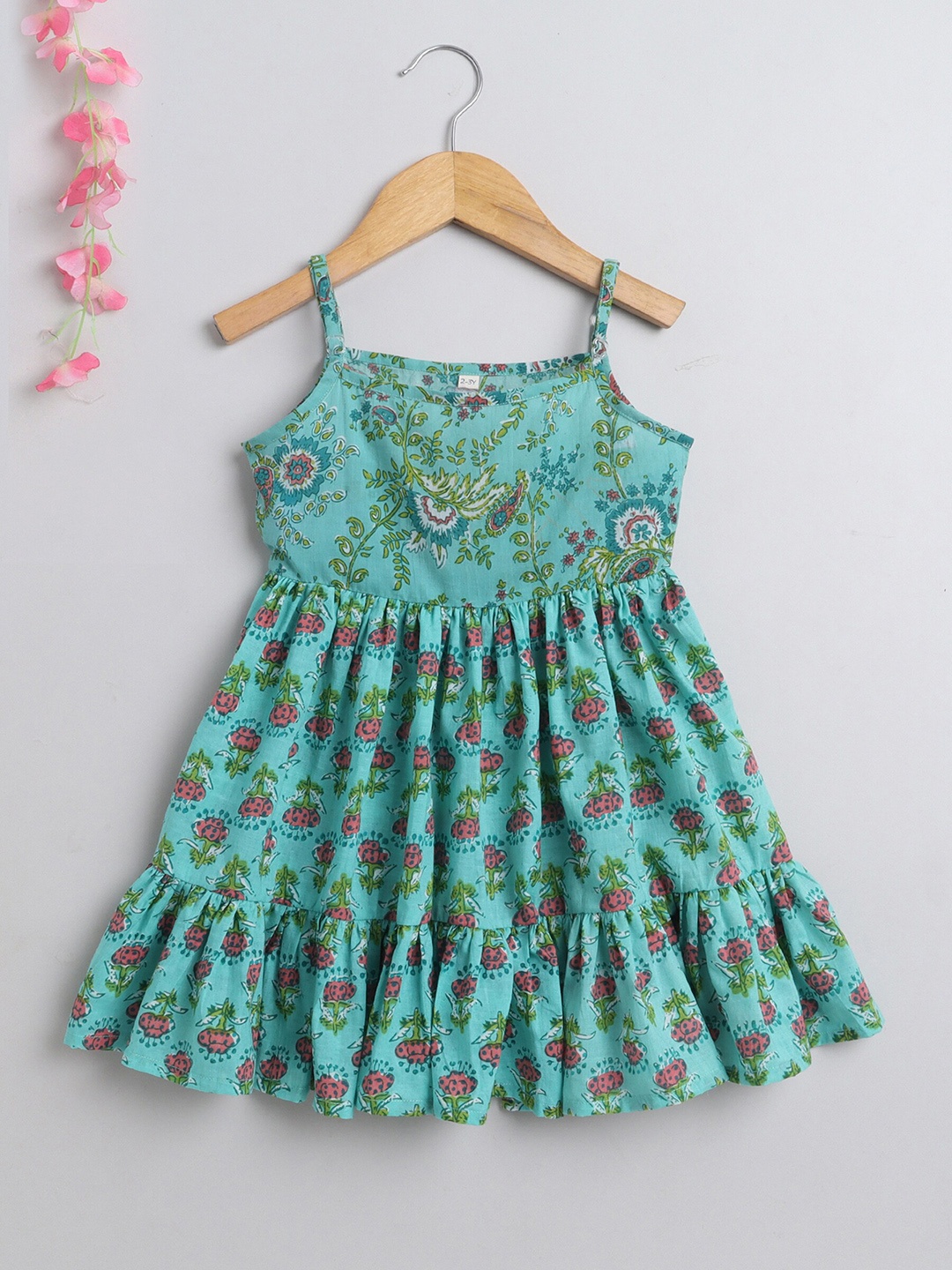 

The Magic Wand Girls Floral Printed Tiered Detail Cotton Fit & Flare Dress, Green