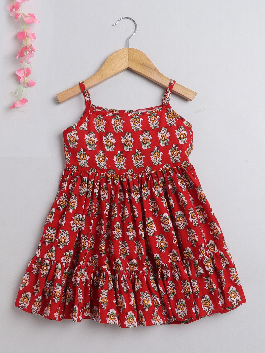 

The Magic Wand Girls Floral Printed Tiered Detail Cotton Fit & Flare Dress, Red