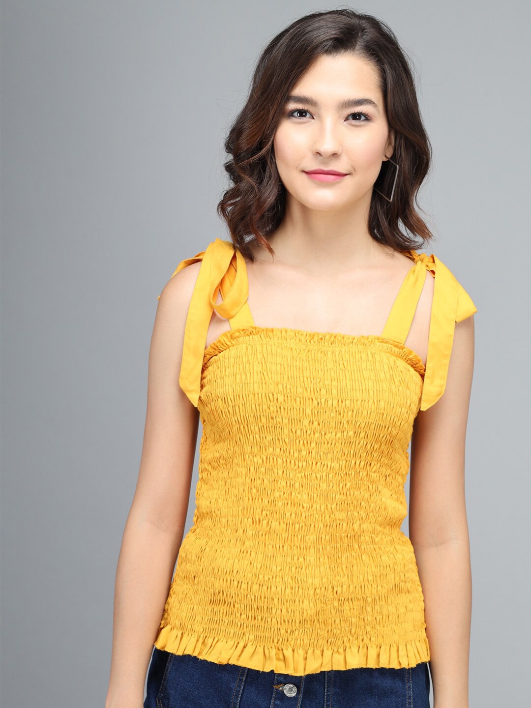 

BAESD Tie-Up Shoulder Smocked Crepe Top, Yellow