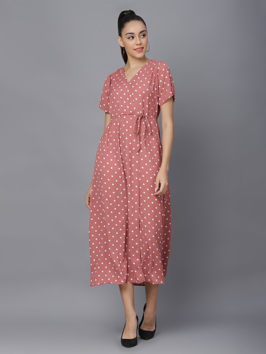 

BAESD Polka Dot Printed Slit Sleeves Tie Up Wrap Dress, Coral