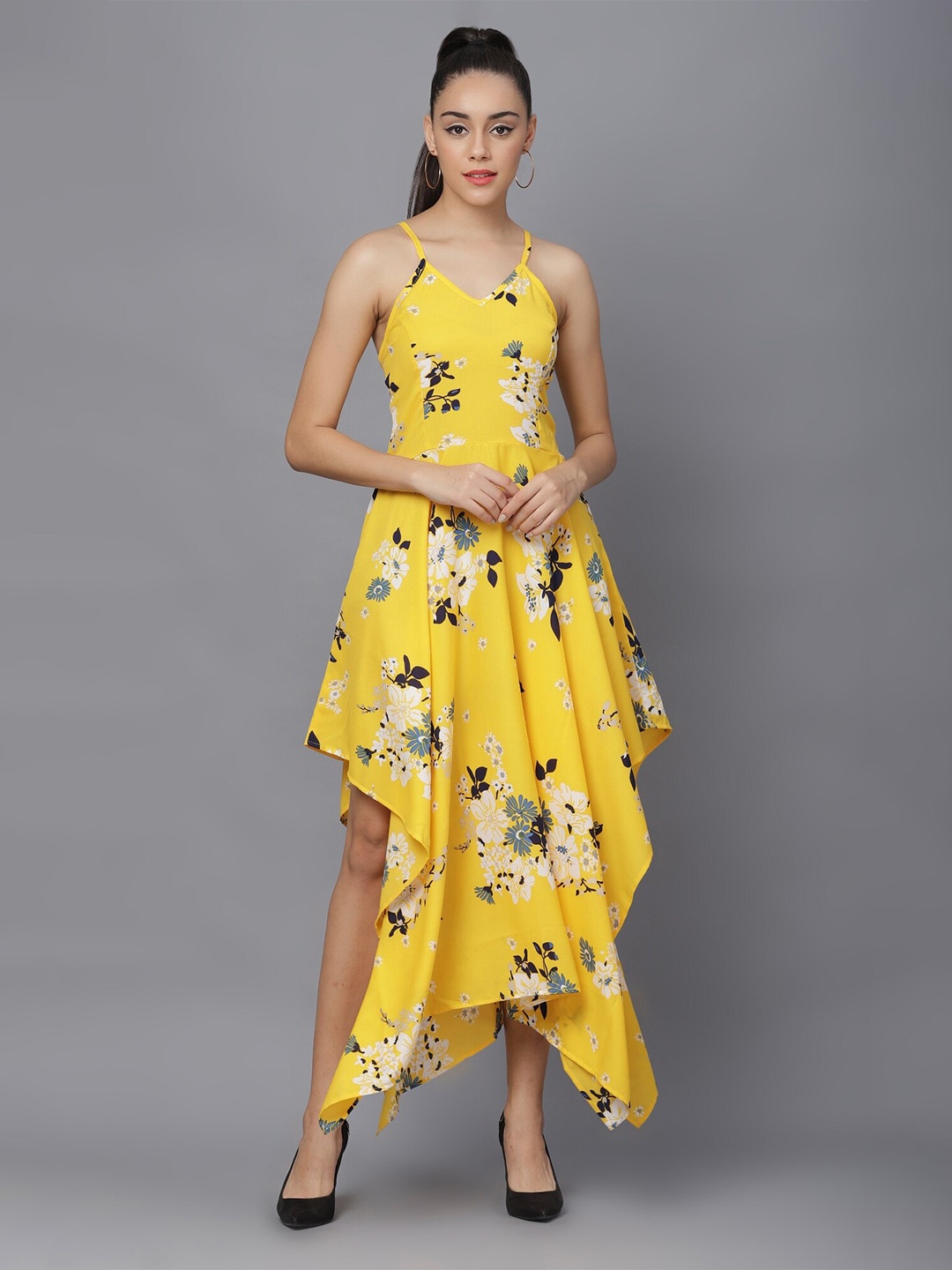 

BAESD Floral Printed Shoulder Strap Fit & Flare Dress, Yellow