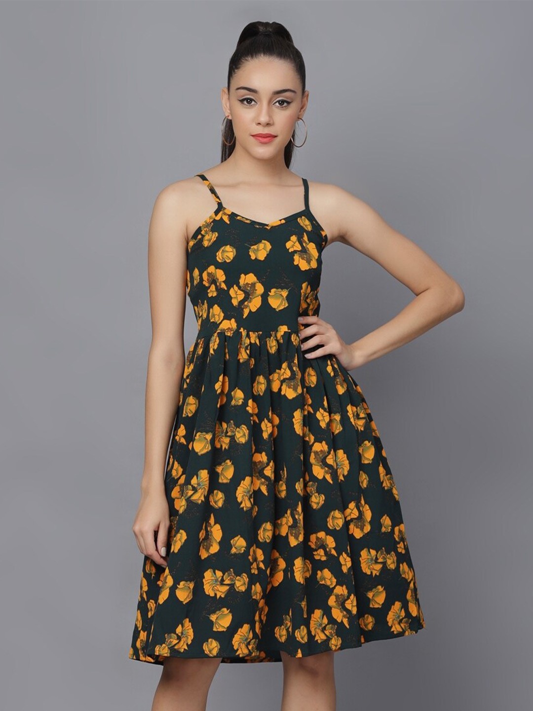 

BAESD Floral Printed Shoulder Straps Gathered Fit & Flare Dress, Green