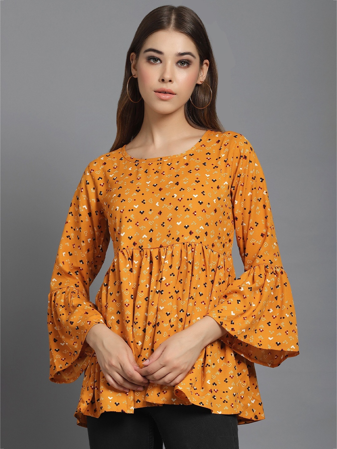 

BAESD Printed Bell Sleeve Crepe Empire Top, Mustard