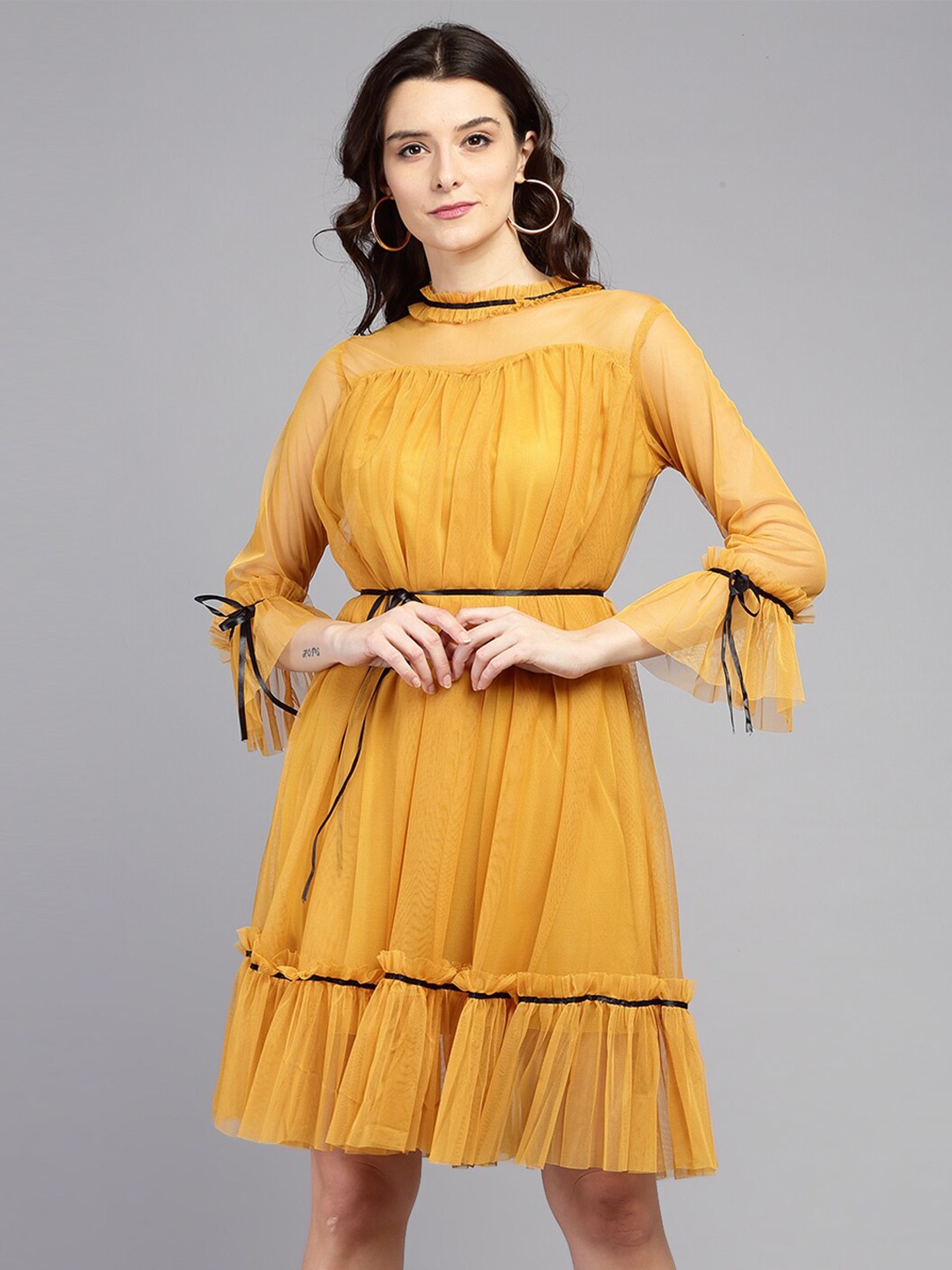 

BAESD Round Neck Bell Sleeves Fit & Flare Dress, Mustard