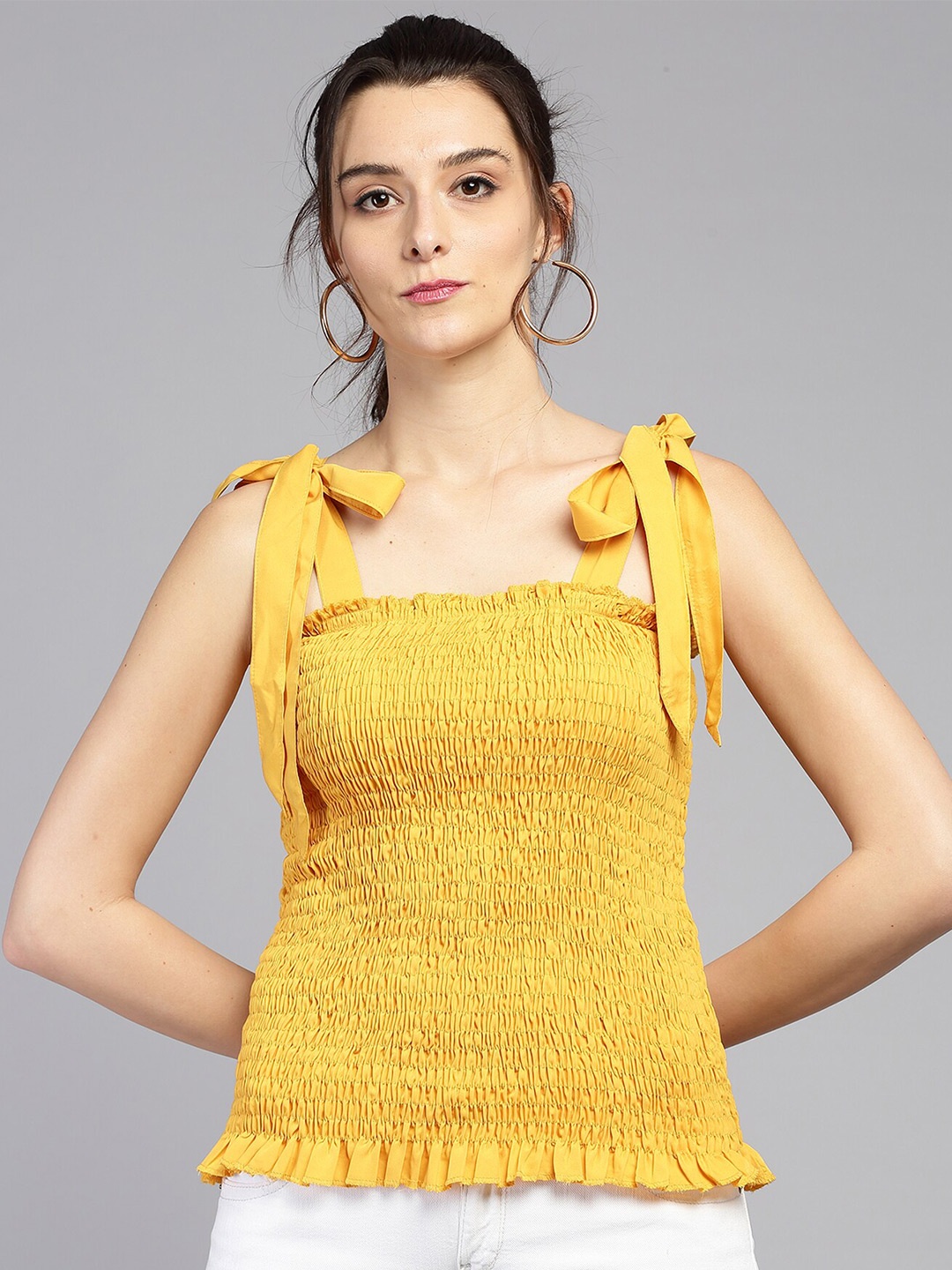 

BAESD Tie-Up Shoulder Smocked Crepe Top, Yellow