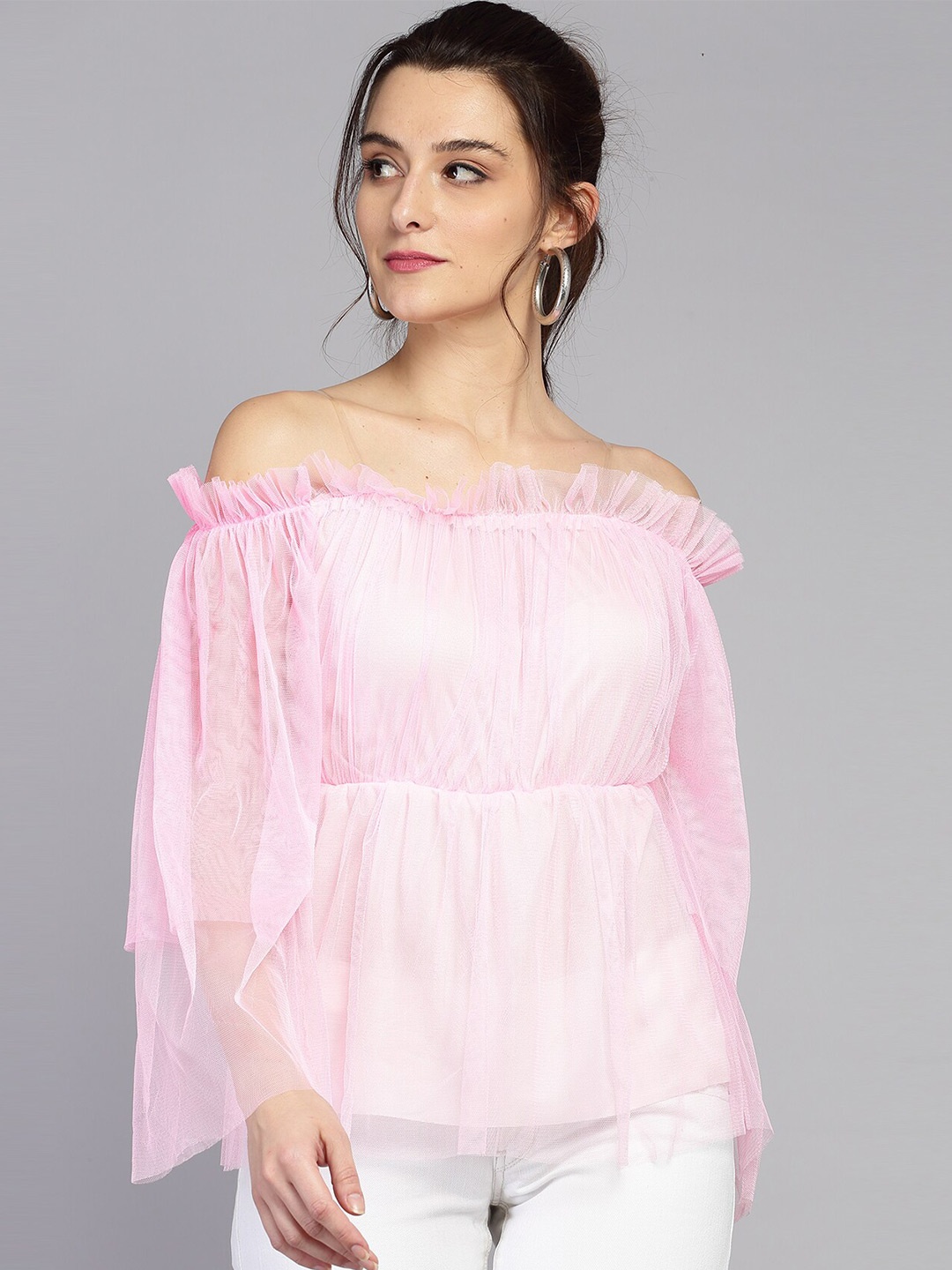 

BAESD Off-Shoulder Flared Sleeve Net Bardot Top, Pink