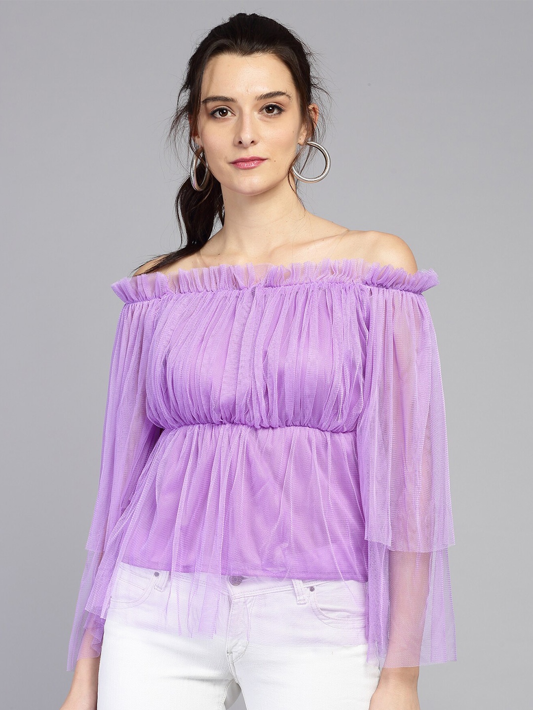 

BAESD Off-Shoulder Flared Sleeve Net Bardot Top, Purple