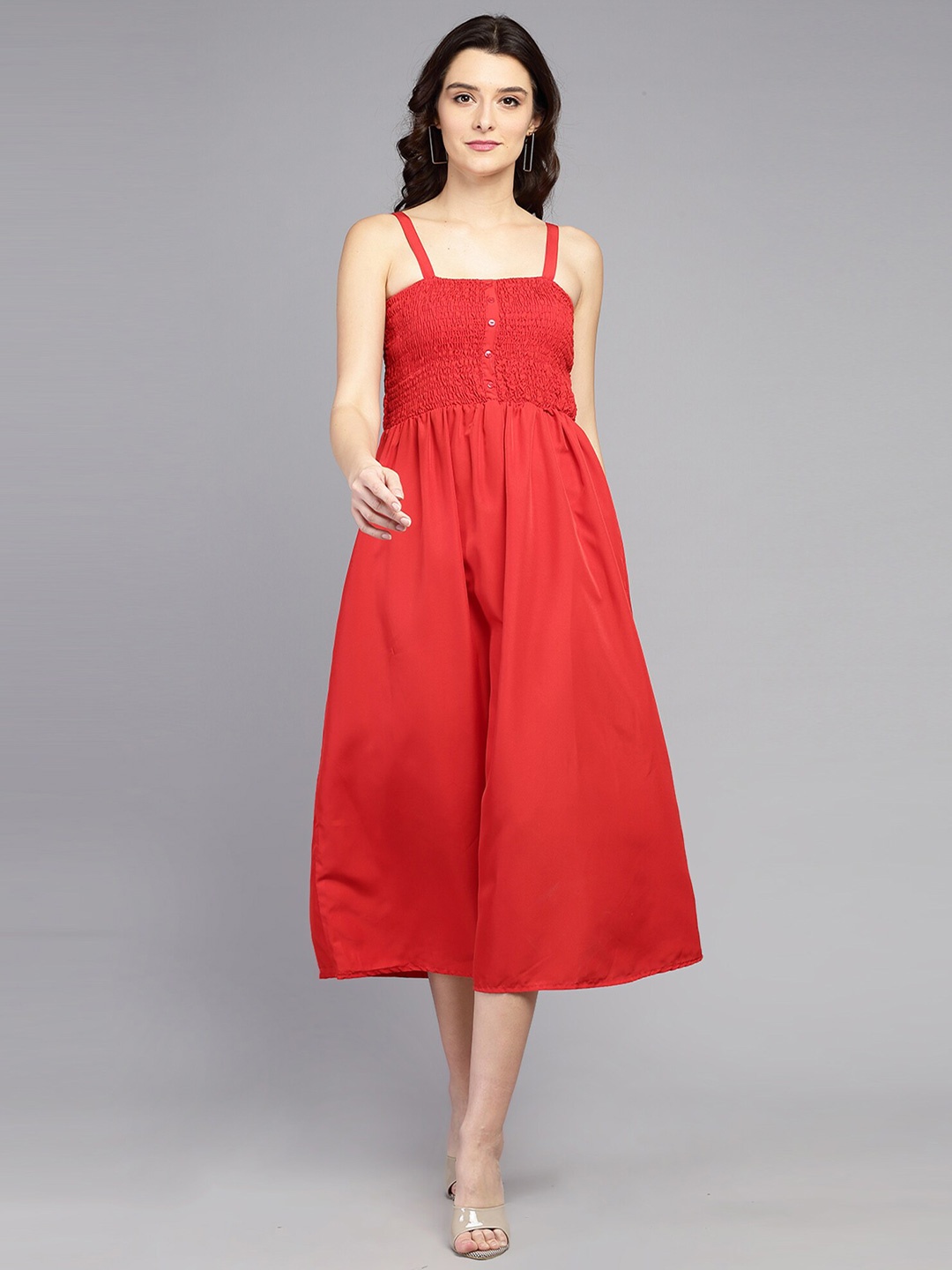 

BAESD Shoulder Straps Smocked Fit & Flare Midi Dress, Red