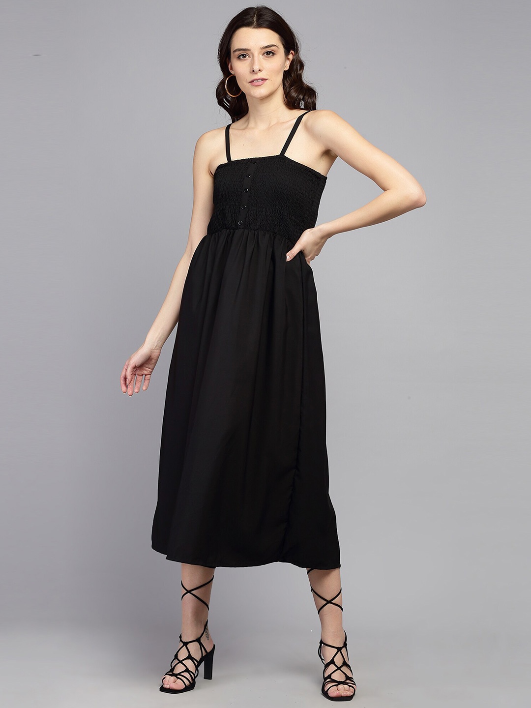 

BAESD Sleeveless Smocked A-Line Midi Dress, Black