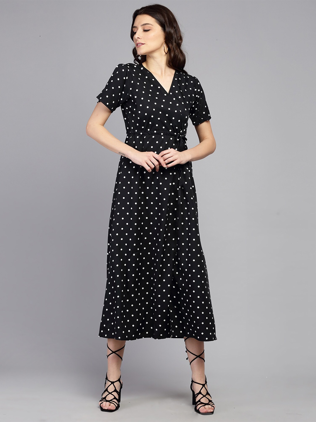 

BAESD Polka Dot Printed Tie-ups Detail Wrap Midi Dress, Black