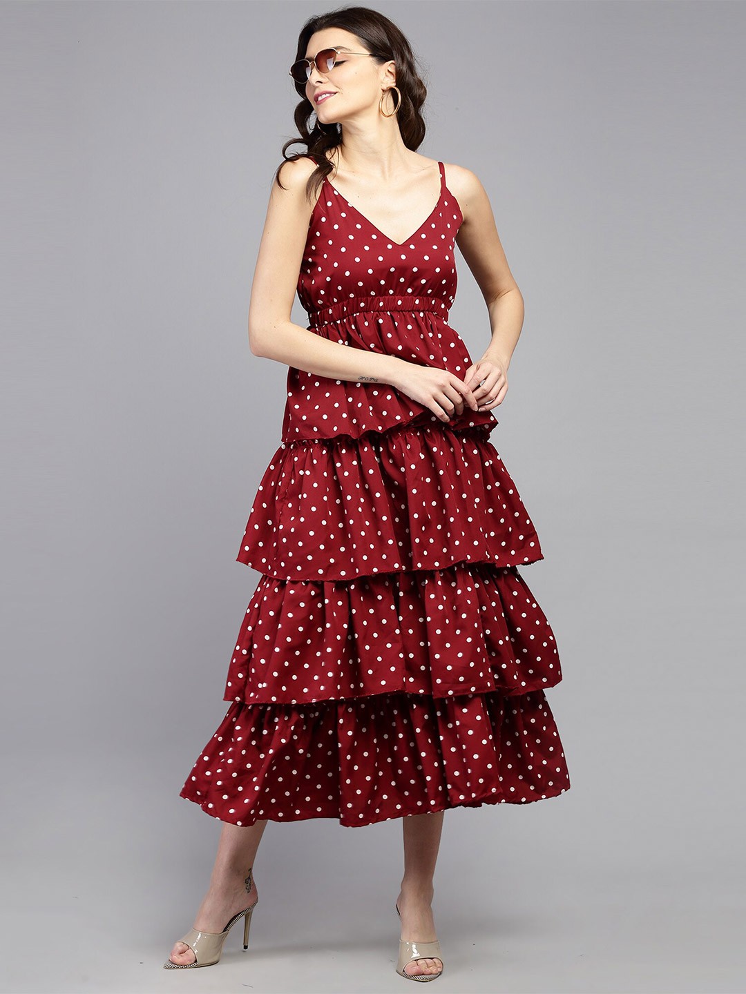 

BAESD Polka Dot Printed Ruffles Detail Fit & Flare Midi Dress, Maroon