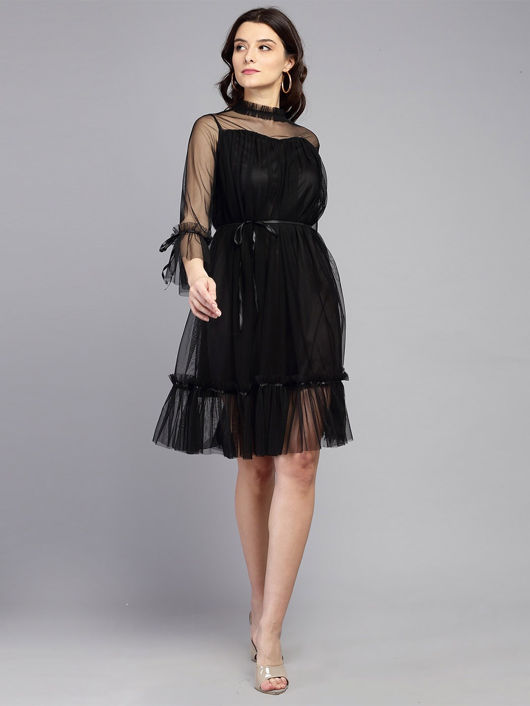 

BAESD Round Neck Bell Sleeves Fit & Flare Dress, Black
