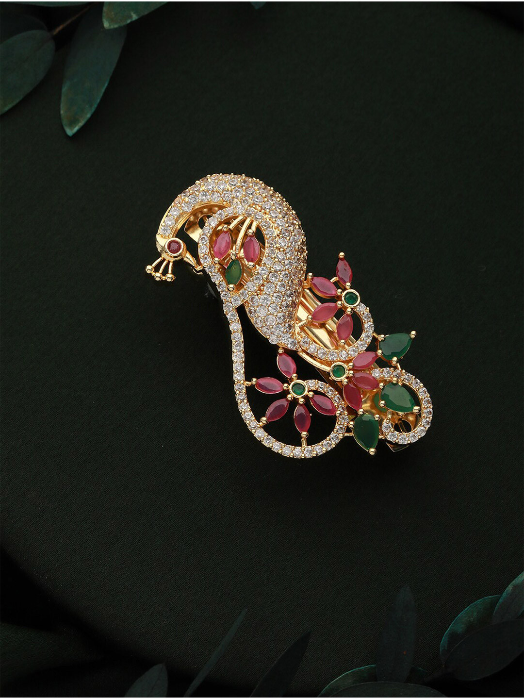 

Jazz and Sizzle Gold-Plated AD Studded Embellished Peacock Shaped French Barrette