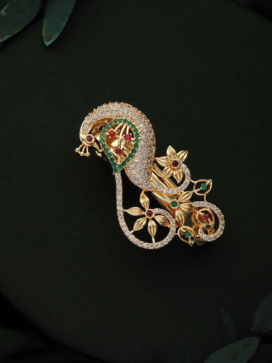 

Jazz and Sizzle Gold-Plated AD Studded Embellished Peacock Shaped French Barrette