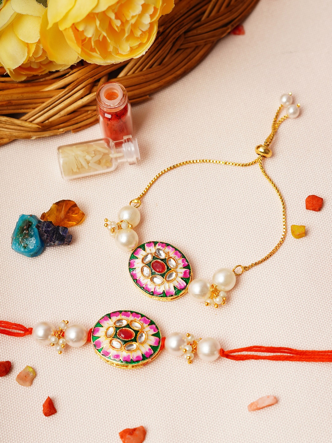 

Urmika Set Of 2 Crystal & Kundan-Studded Thread Rakhis, Gold