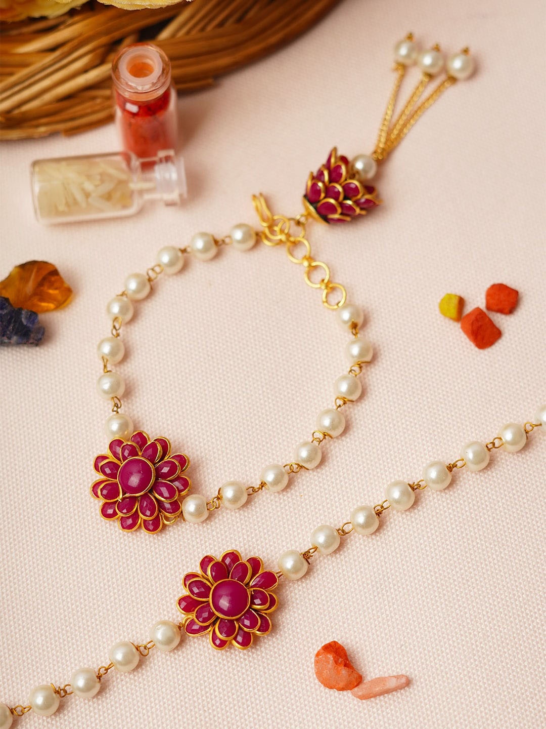 

Urmika Set Of 2 Stone-Studded & Beaded Wraparound Rakhis, Gold