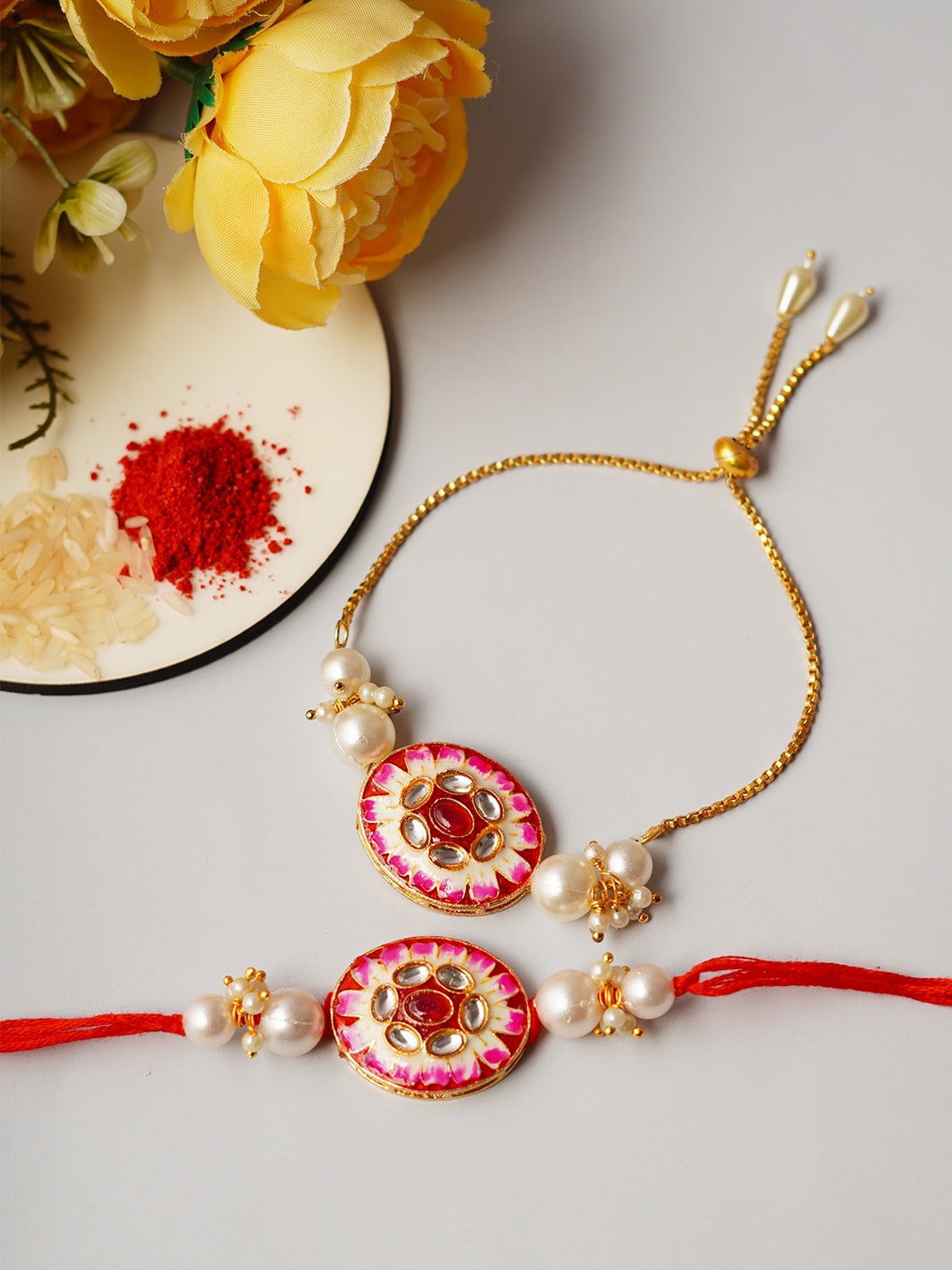 

Urmika Set Of 2 Stone-Studded & Beaded Thread Rakhis, White