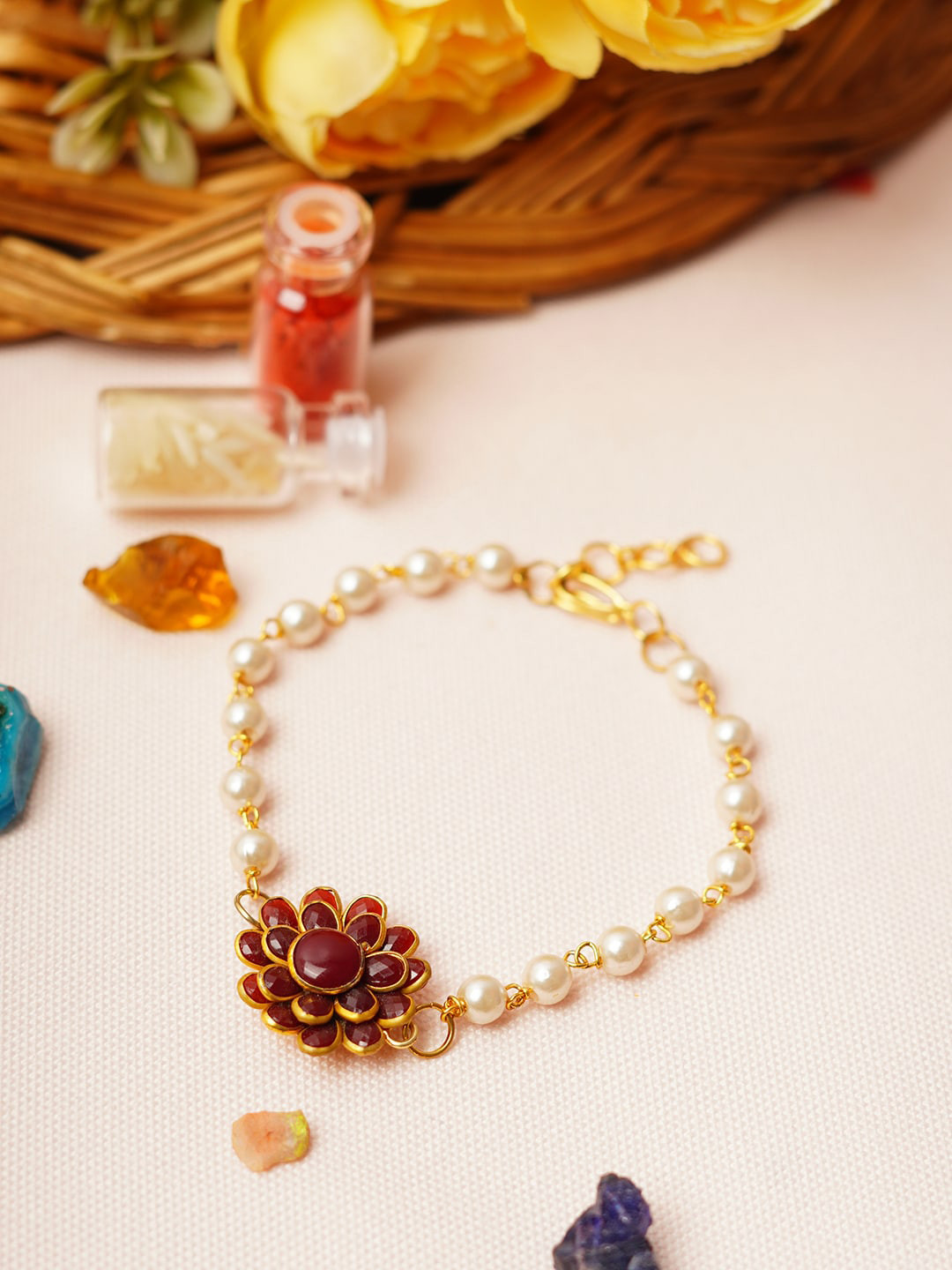 

Urmika Set Of 2 Flower-Shaped & Pearls-Beaded Wraparound Rakhis, Gold