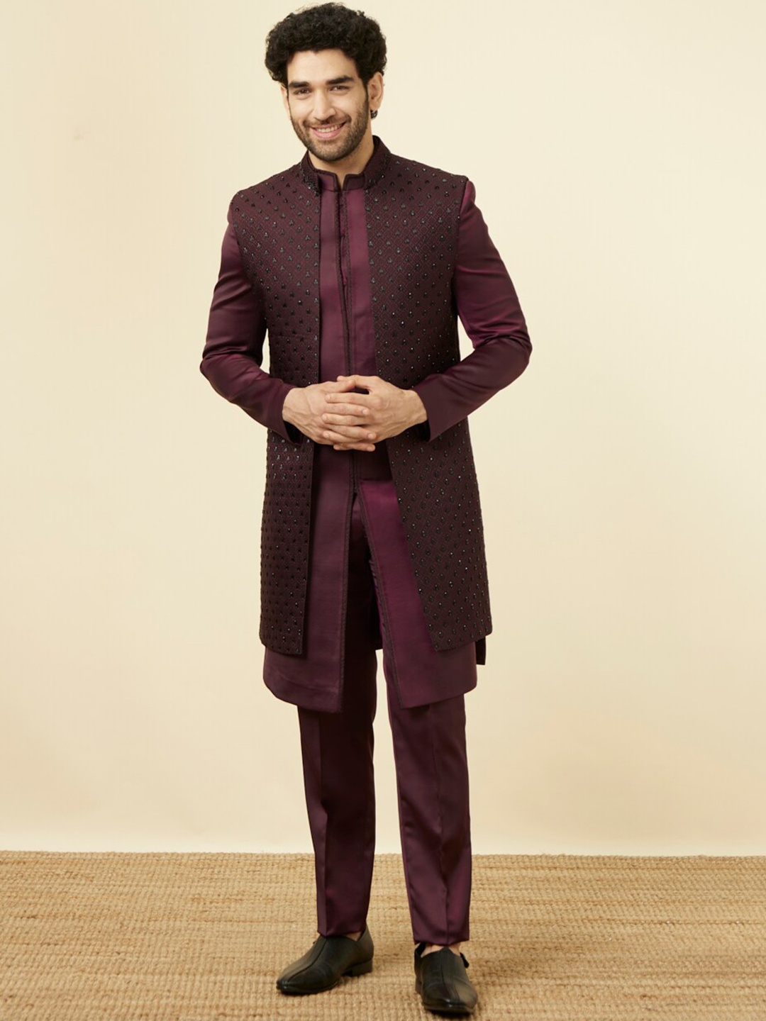 

Manyavar Mandarin Collar Self-Design Sherwani Set, Purple