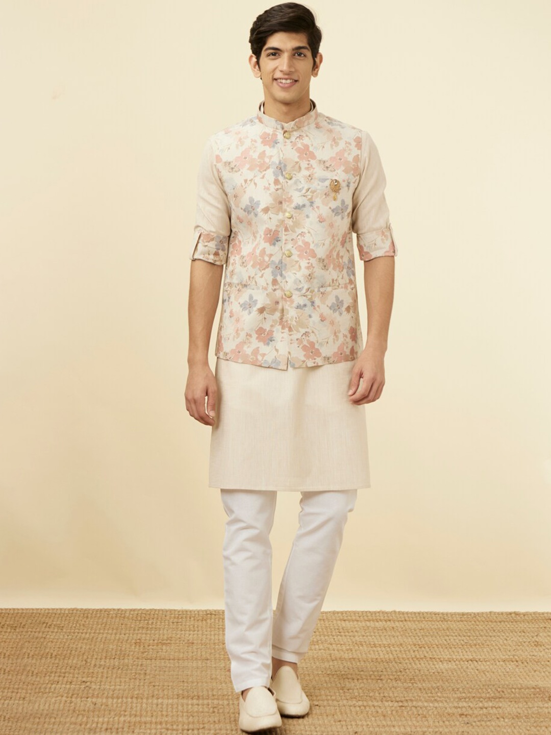 

Manyavar Mandarin Collar Straight Kurta & Pyjamas With Floral Printed Nehru Jacket, Beige