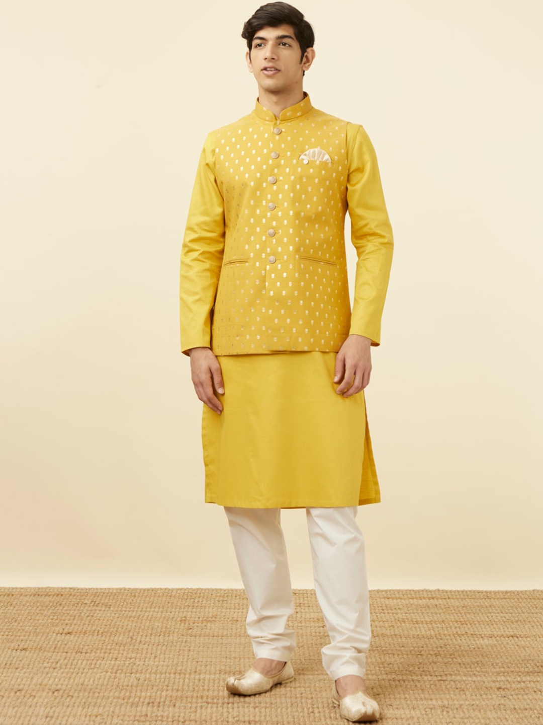 

Manyavar Mandarin Collar Ethnic Motifs Woven Design Nehru Jacket, Yellow