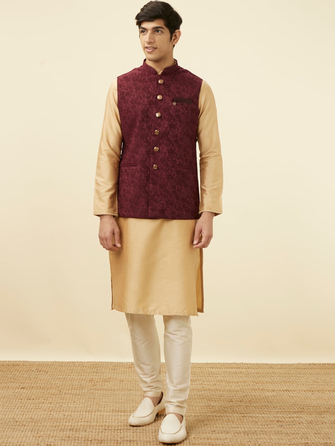 

Manyavar Ethnic Motifs Woven Design Nehru Jackets, Maroon