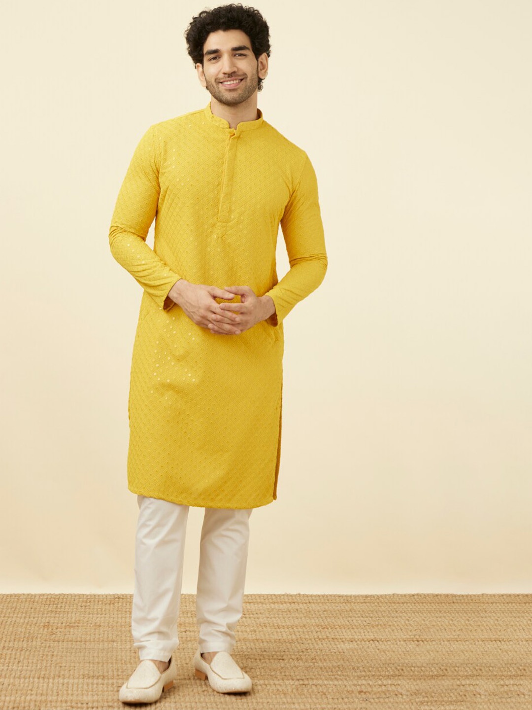 

Manyavar Ethnic Motifs Embroidered Thread Work Kurta with Pyjamas, Mustard