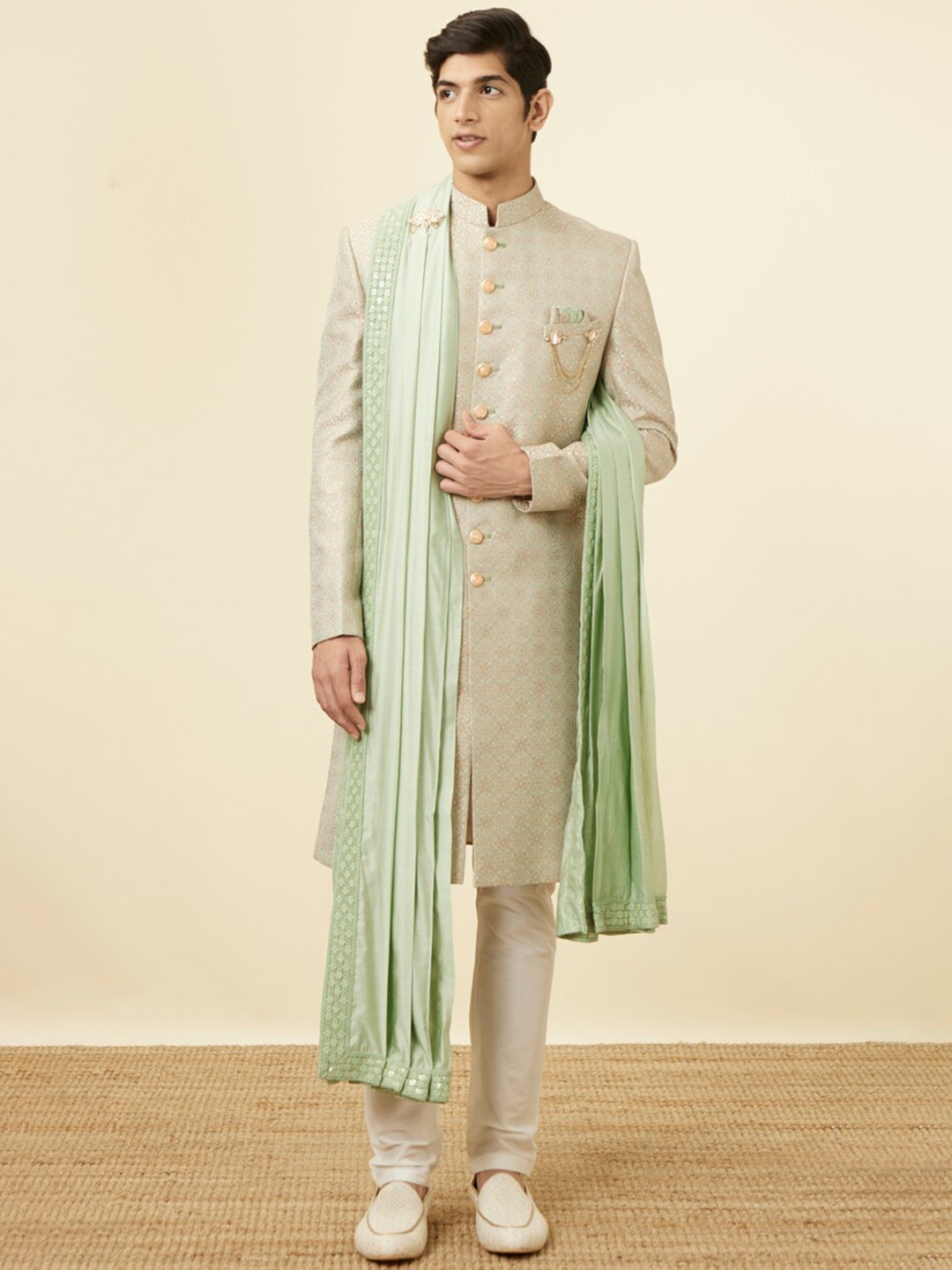 

Manyavar Mandarin Collar Woven Design Sherwani Set, Beige