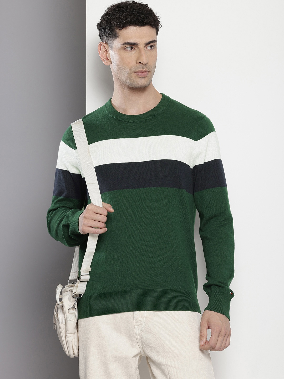 

Tommy Hilfiger Striped Long Sleeves Pure Cotton Pullover, Green