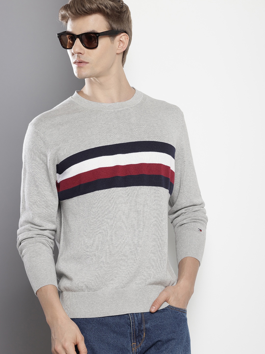 

Tommy Hilfiger Striped Long Sleeves Pure Cotton Pullover, Grey