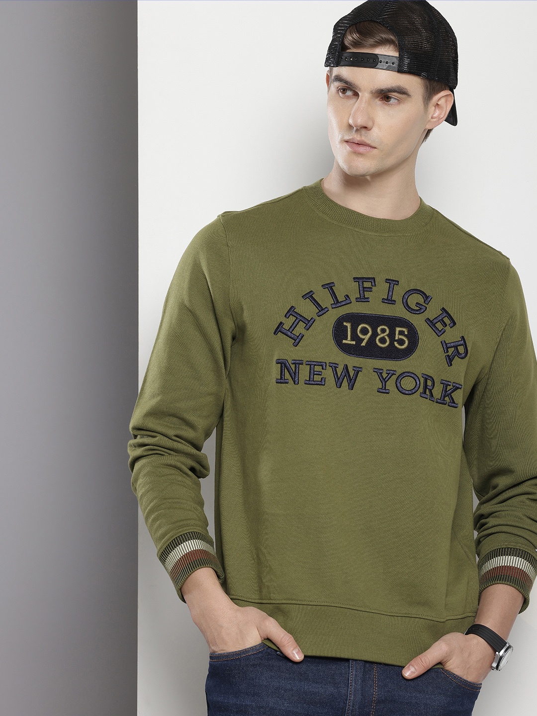 

Tommy Hilfiger Brand Logo Embroidered Pure Cotton Sweatshirt, Green