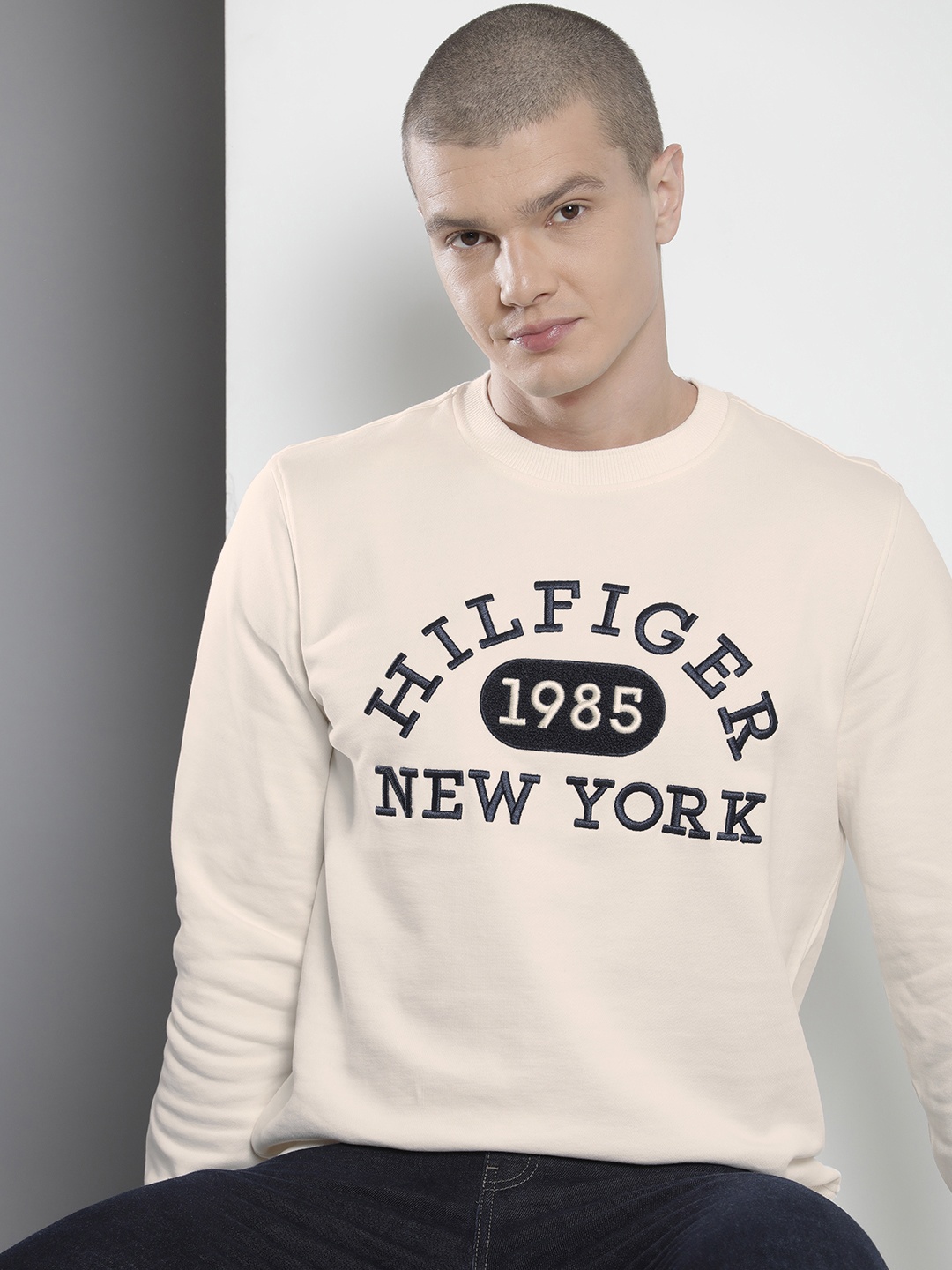 

Tommy Hilfiger Brand Logo Embroidered Pure Cotton Sweatshirt, Off white