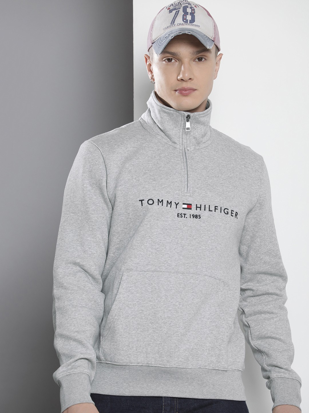 

Tommy Hilfiger Brand Logo Embroidered Mock Collar Sweatshirt, Grey