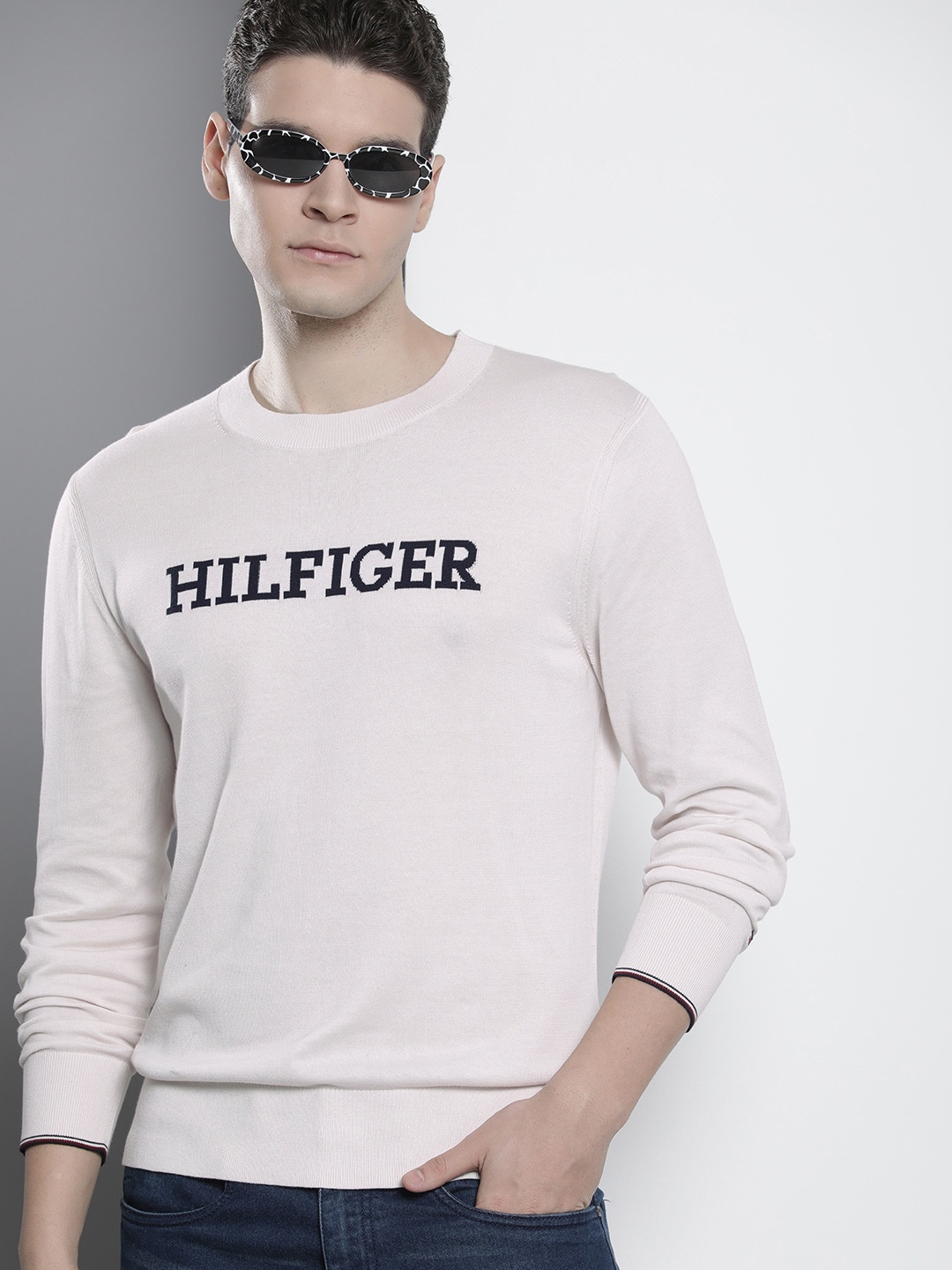 

Tommy Hilfiger Pure Cotton Brand Logo Self Design Sweaters, Off white