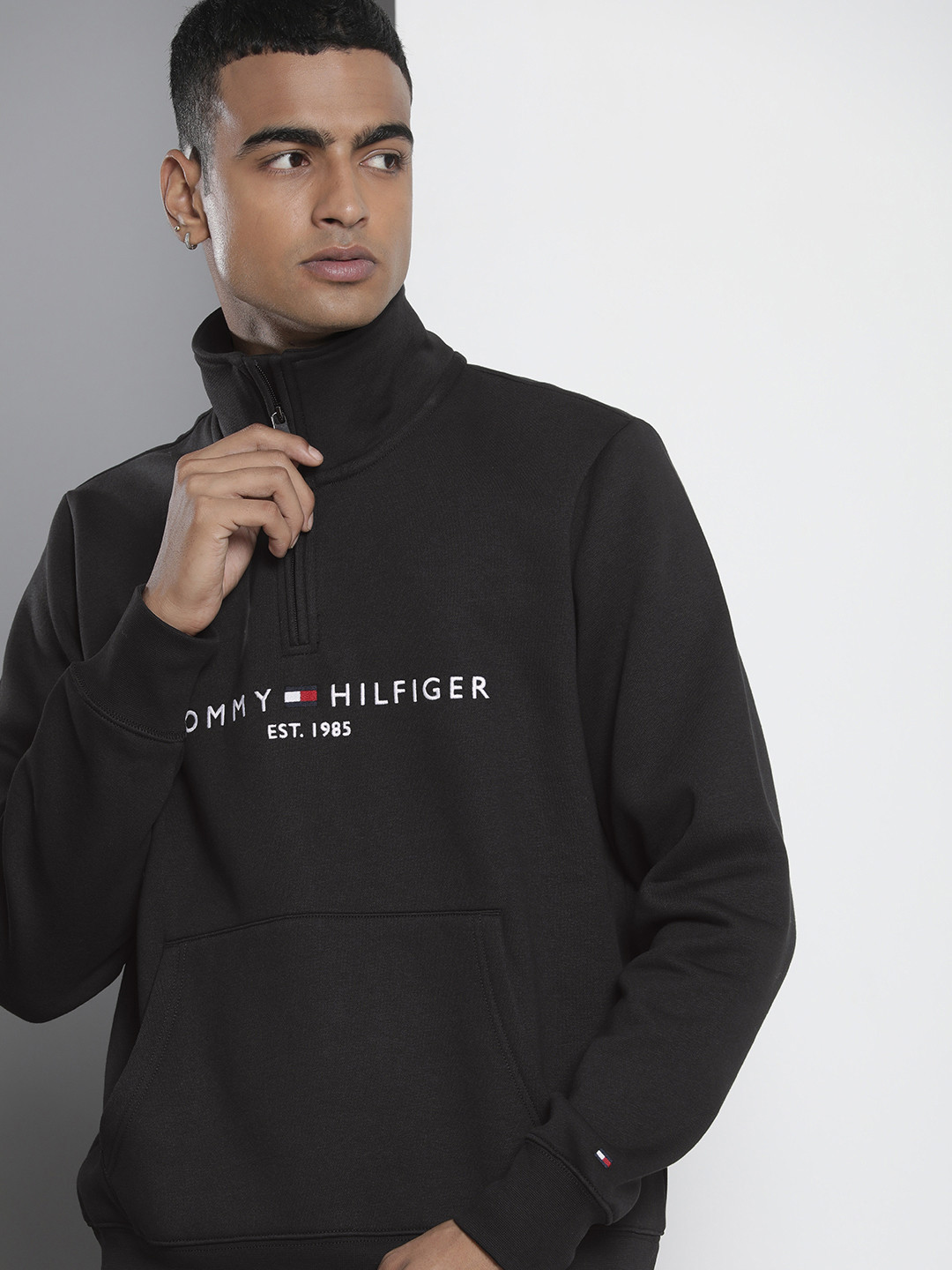 

Tommy Hilfiger Brand Logo Embroidered Mock Collar Sweatshirt, Black