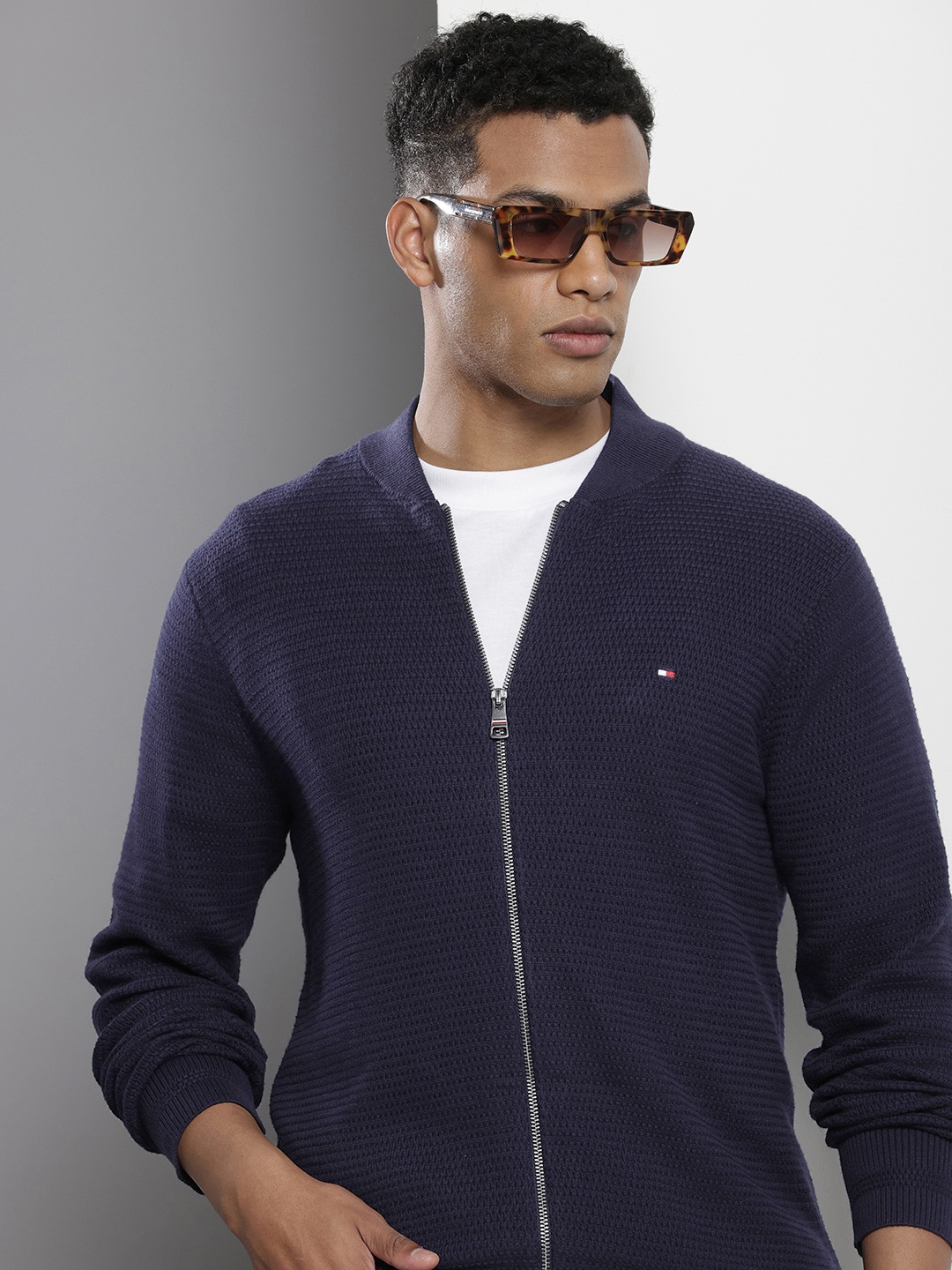 

Tommy Hilfiger Pure Cotton Self Design Front-Open Sweaters, Navy blue