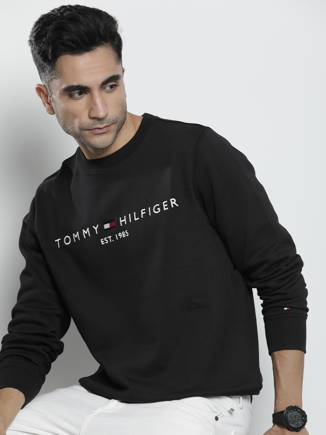 

Tommy Hilfiger Sustainable Round Neck Brand Logo Embroidered Sweatshirt, Black