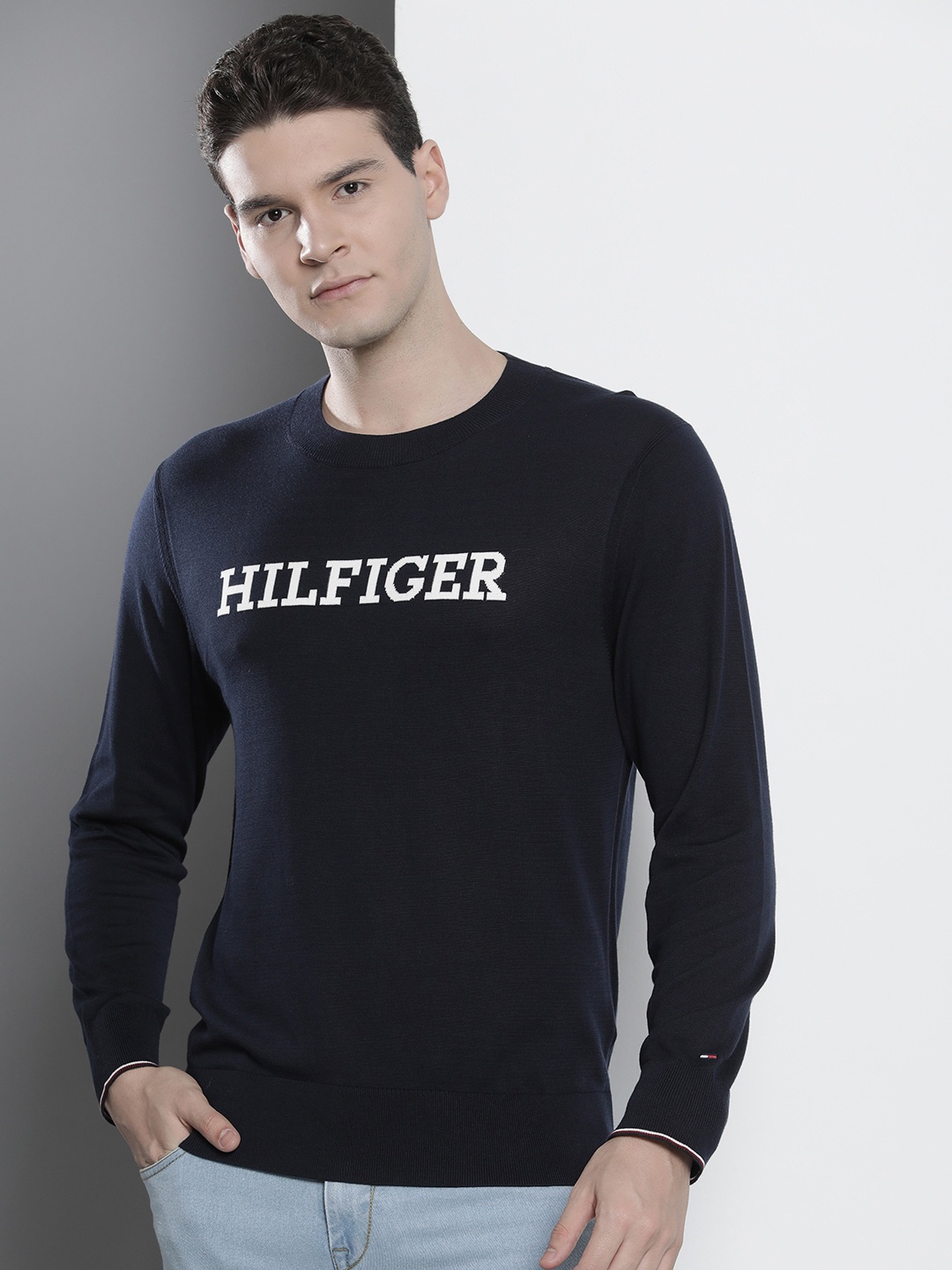 

Tommy Hilfiger Pure Cotton Brand Logo Self Design Sweaters, Navy blue