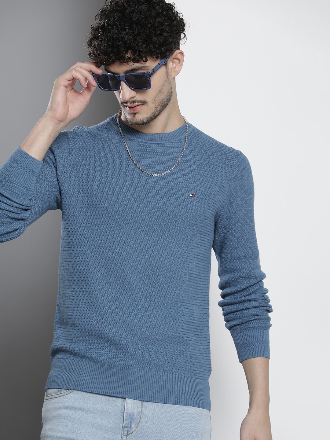 

Tommy Hilfiger Pure Cotton Self Design Open Knit Pullover, Blue