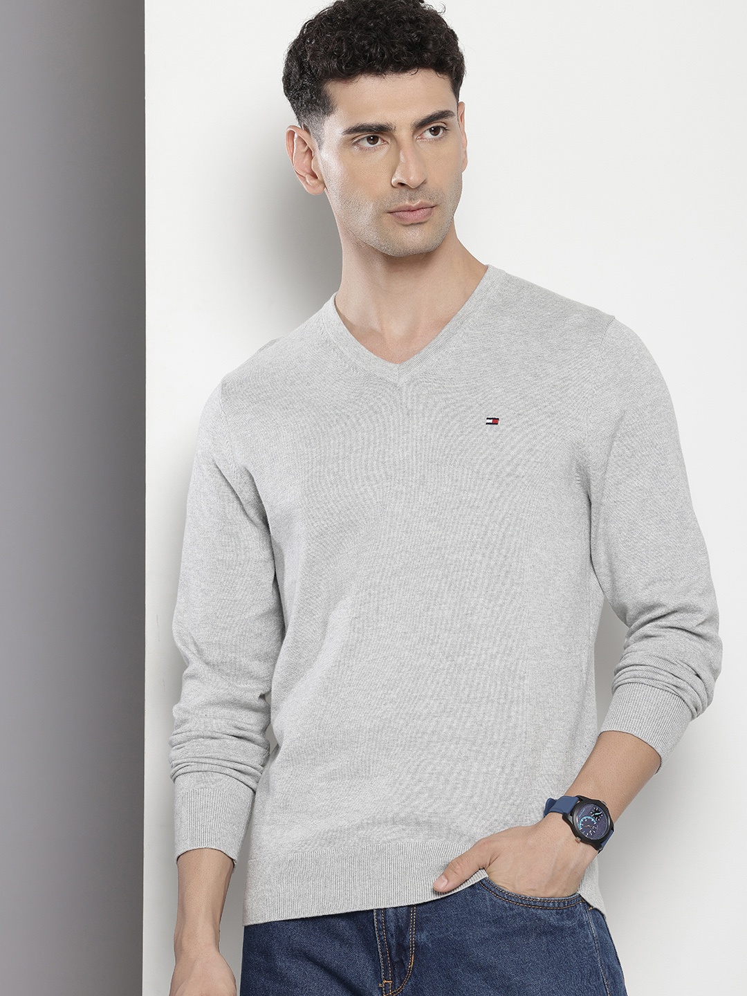 

Tommy Hilfiger Pure Cotton V-Neck Sweaters, Grey
