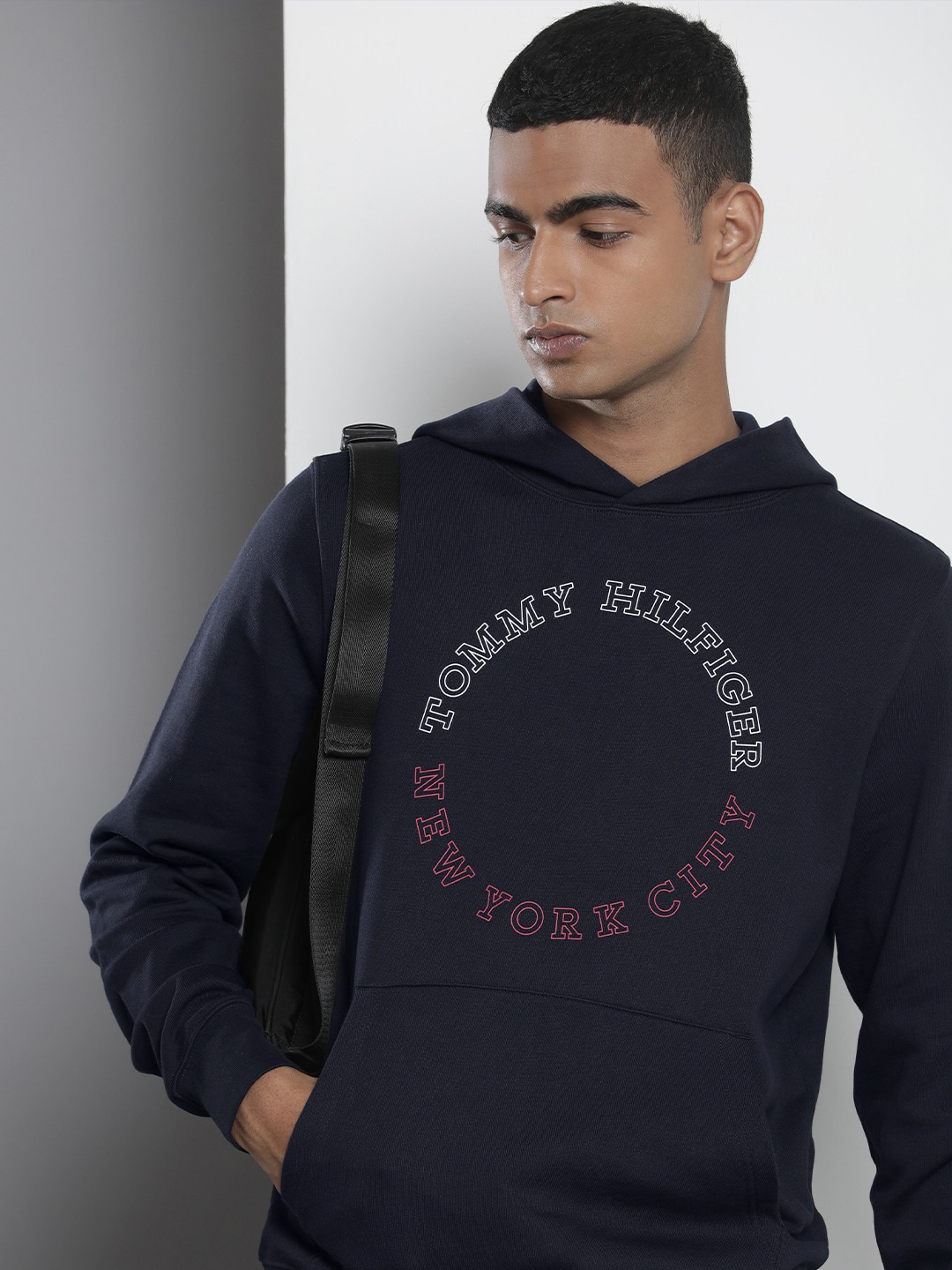 

Tommy Hilfiger Typography Graphic Printed Pure Cotton Hooded Sweatshirt, Navy blue