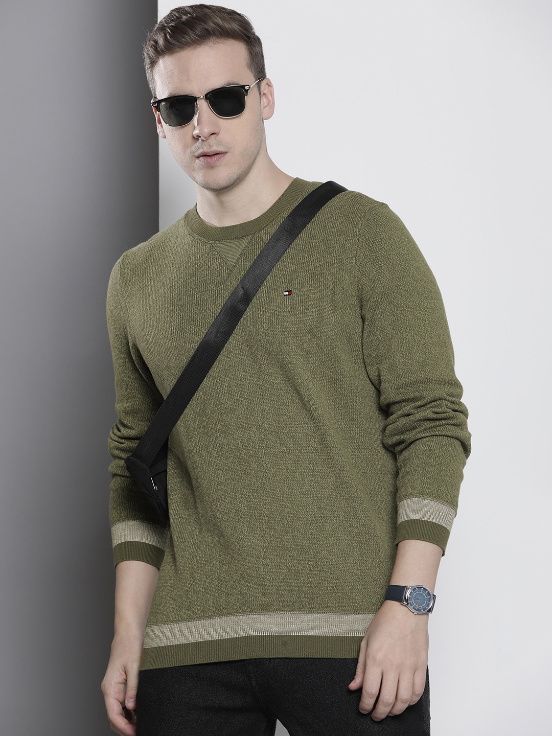 

Tommy Hilfiger Round Neck Open-Knit Pure Cotton Pullover, Olive