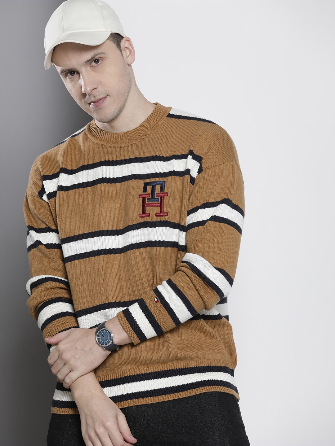 

Tommy Hilfiger Knitted Striped Pullover With Brand Logo Embroidered Detail, Brown